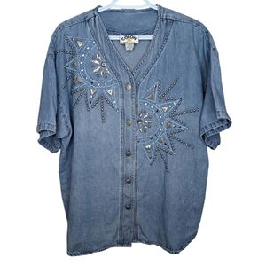 Vintage Colon Made in USA Denim Button Down V Neck Bedazzled Jewel Top M